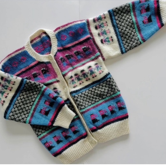 Vintage Sweaters - Vintage Handmade in Peru Wool Colorful Patterned Cardigan Sweater